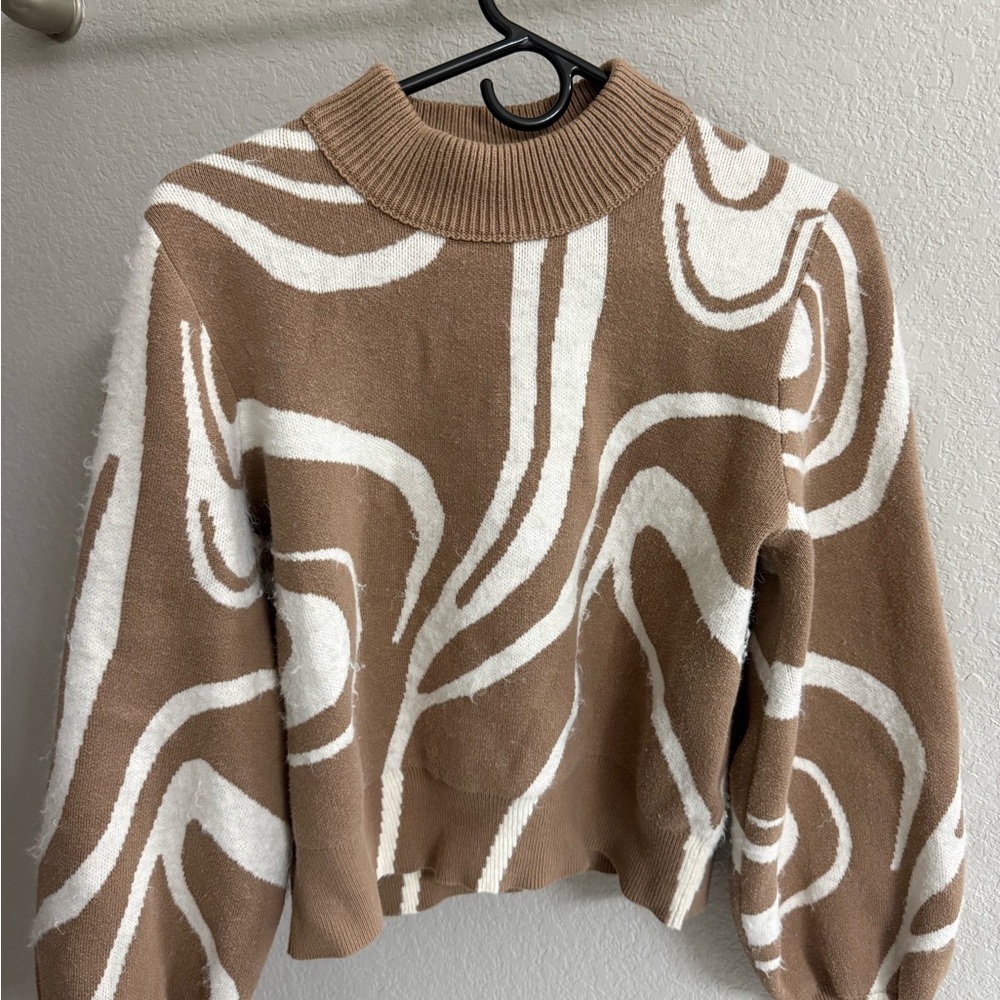French Connection Tan and White Cowl Neck Sweater